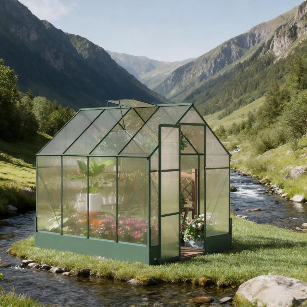 Greenhouse 8' x 6' Polycarbonate Greenhouse with Roof Vent and Rain Gutter