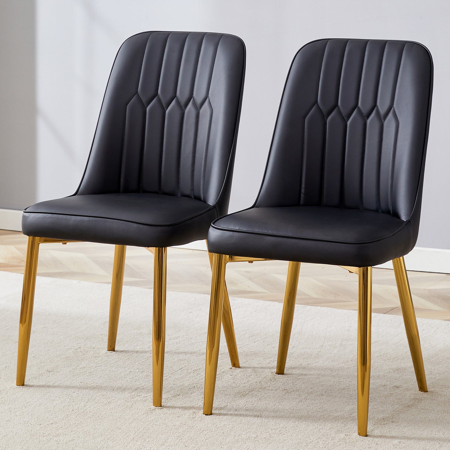 2 modern dining chairs, sleek PU leather backrest, and gold metal legs bring a comfortable home experience to the kitchen, bedroom, and office.W1151P294397