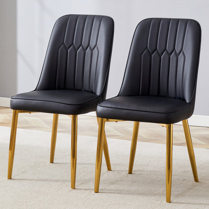 2 modern dining chairs, sleek PU leather backrest, and gold metal legs bring a comfortable home experience to the kitchen, bedroom, and office.W1151P294397