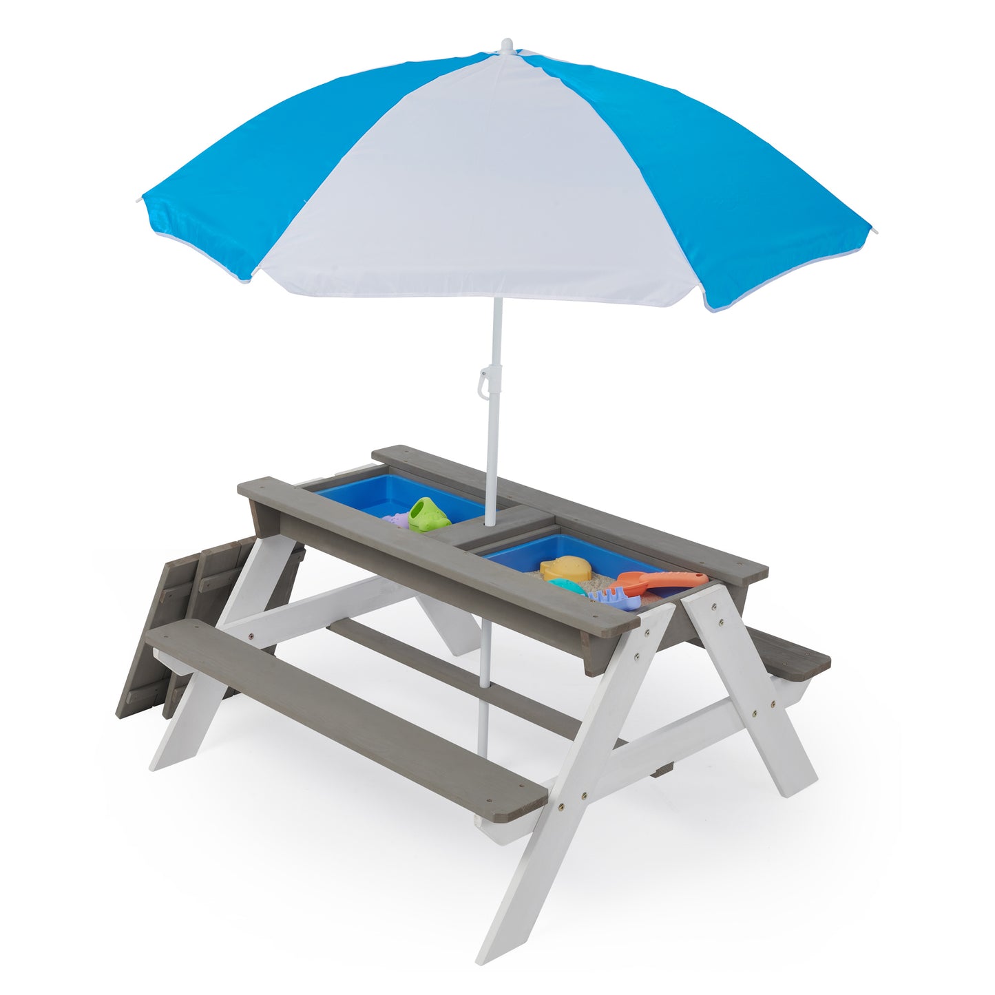 D-road 3-in-1 Kids Outdoor Wooden Picnic Table with Adjustable Umbrella, Convertible Sand & Water Activity Table, Gray, Solid Cedar Wood