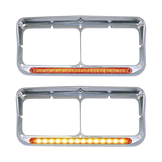 Chrome Rectangular Dual Headlight Bezels With Amber Lens + Amber LED 2Pcs