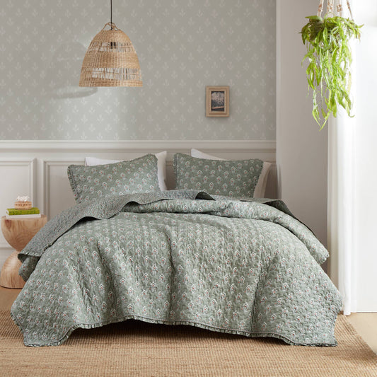 3-Piece King/Cal King 3 Piece Ruffle Printed Quilt Set,Sage Green
