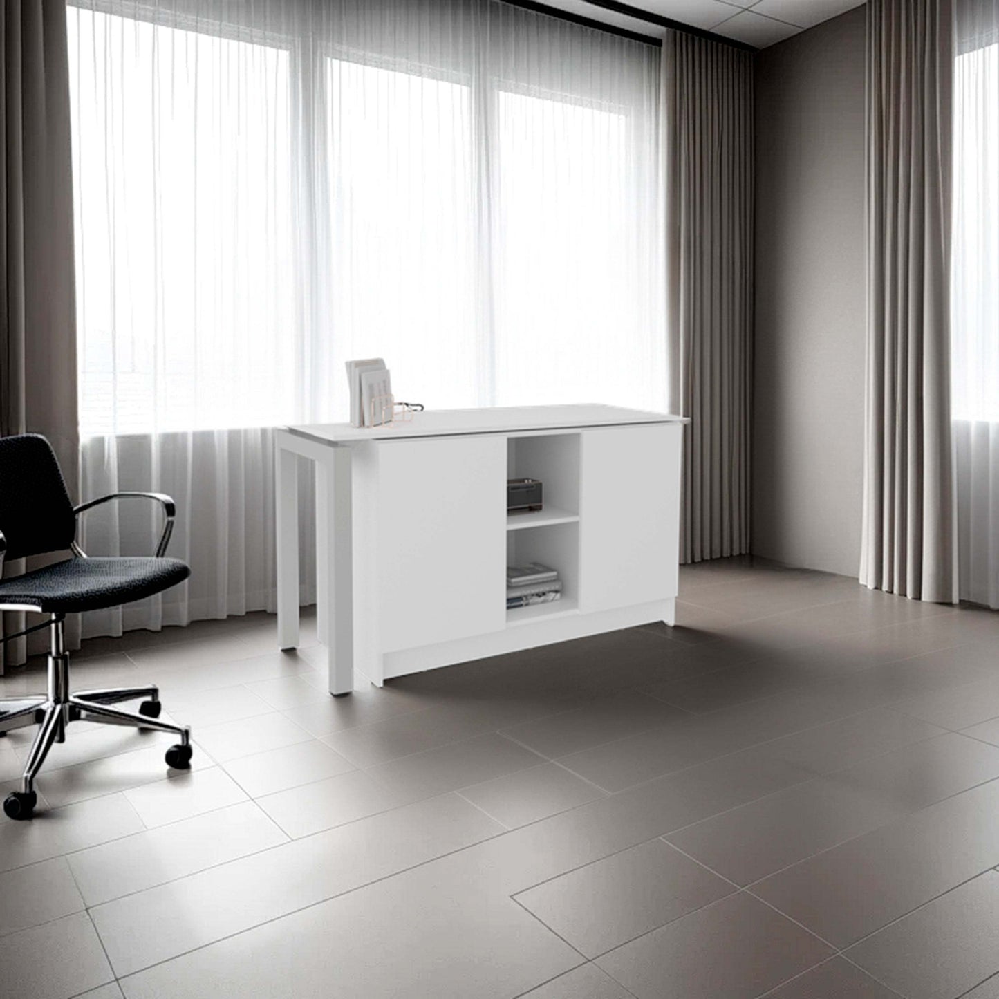 White 2-Shelf Desk with Space-Saving Design