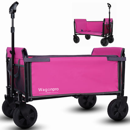 All-in-One Convertible Folding 4-Wheel Trolley with Bench Seat and Dog Leash - Heavy Duty Foldable Utility Trolley for Camping, Beach, Shopping - Versatile Seating and Storage Space, pink