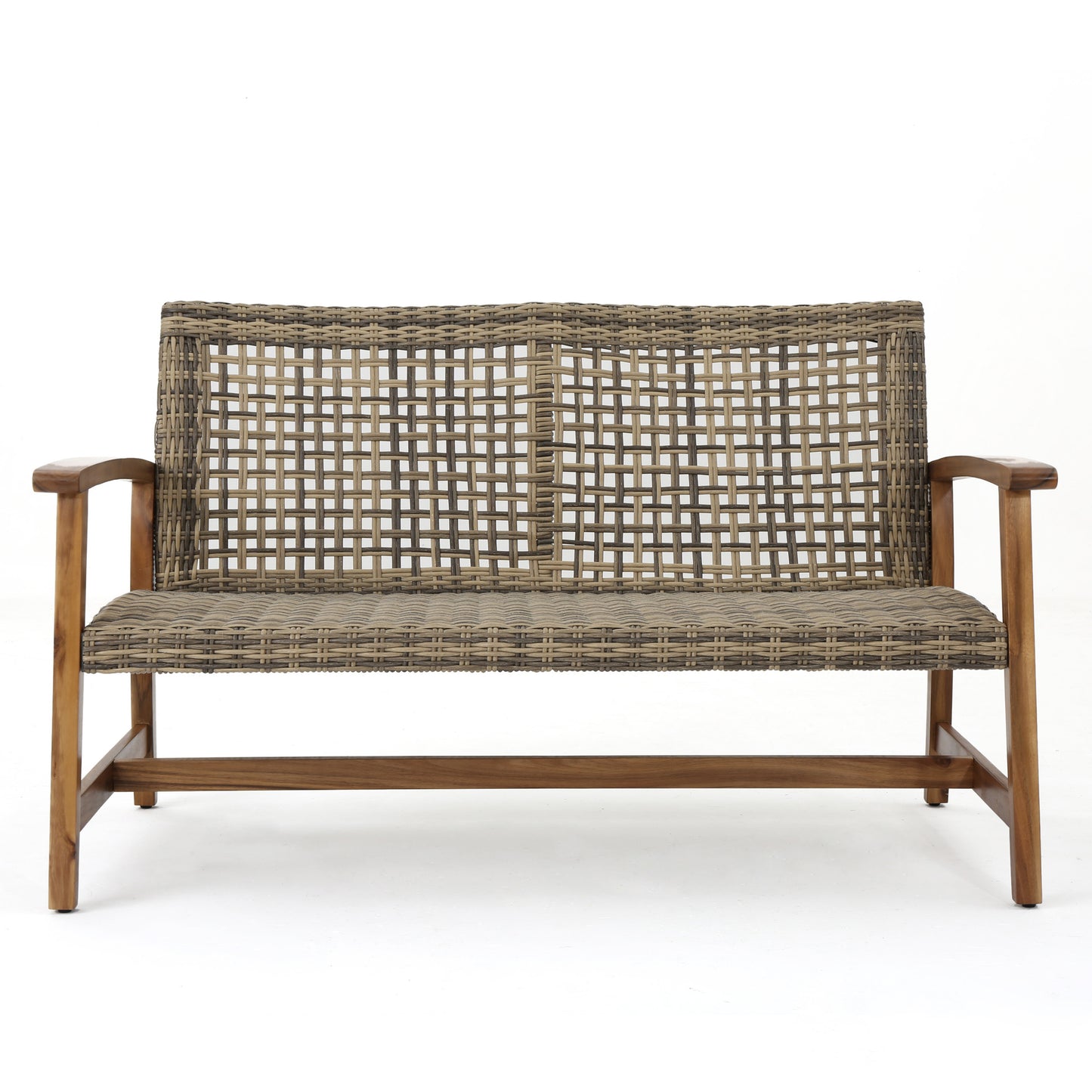 Outdoor Rattan Loveseat with Wooden Legs, Brown