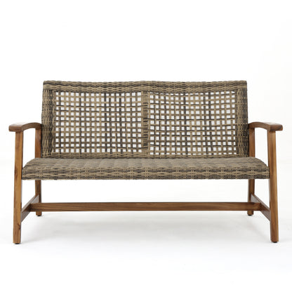 Outdoor Rattan Loveseat with Wooden Legs, Brown