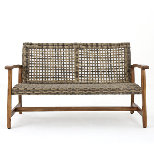 Outdoor Rattan Loveseat with Wooden Legs, Brown