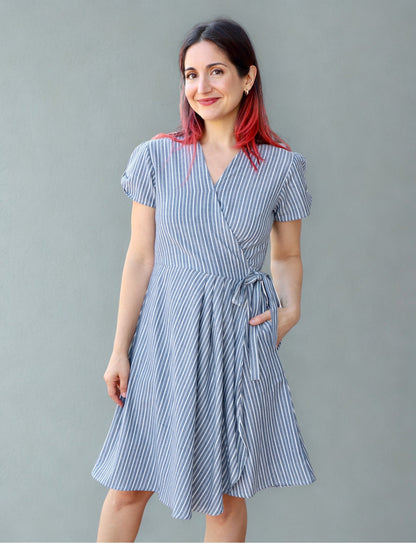 Chambray Pinstripe Organic Cotton Wrap Dress