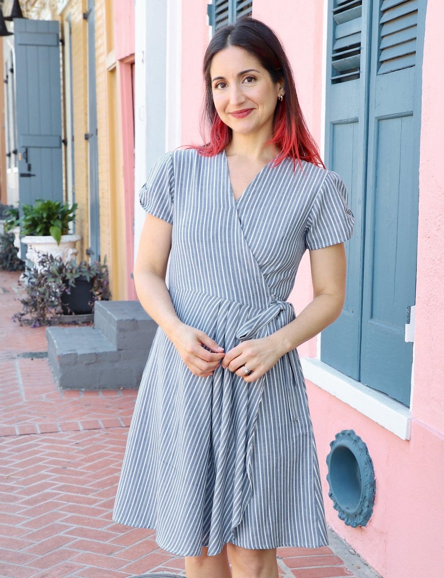 Chambray Pinstripe Organic Cotton Wrap Dress