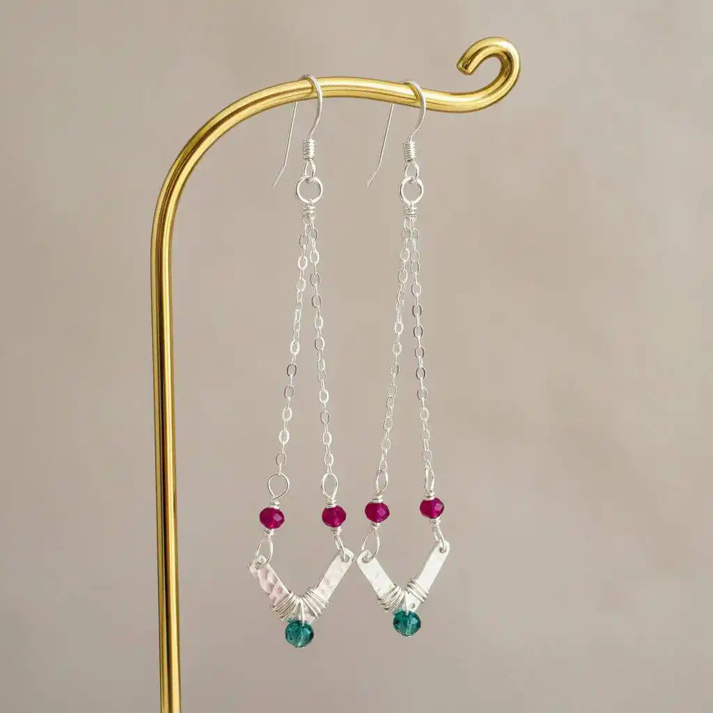 Sterling Silver Chevron Hot Pink Green Gemstone Earrings