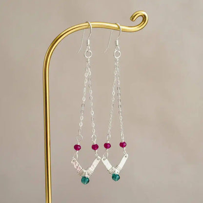 Sterling Silver Chevron Hot Pink Green Gemstone Earrings