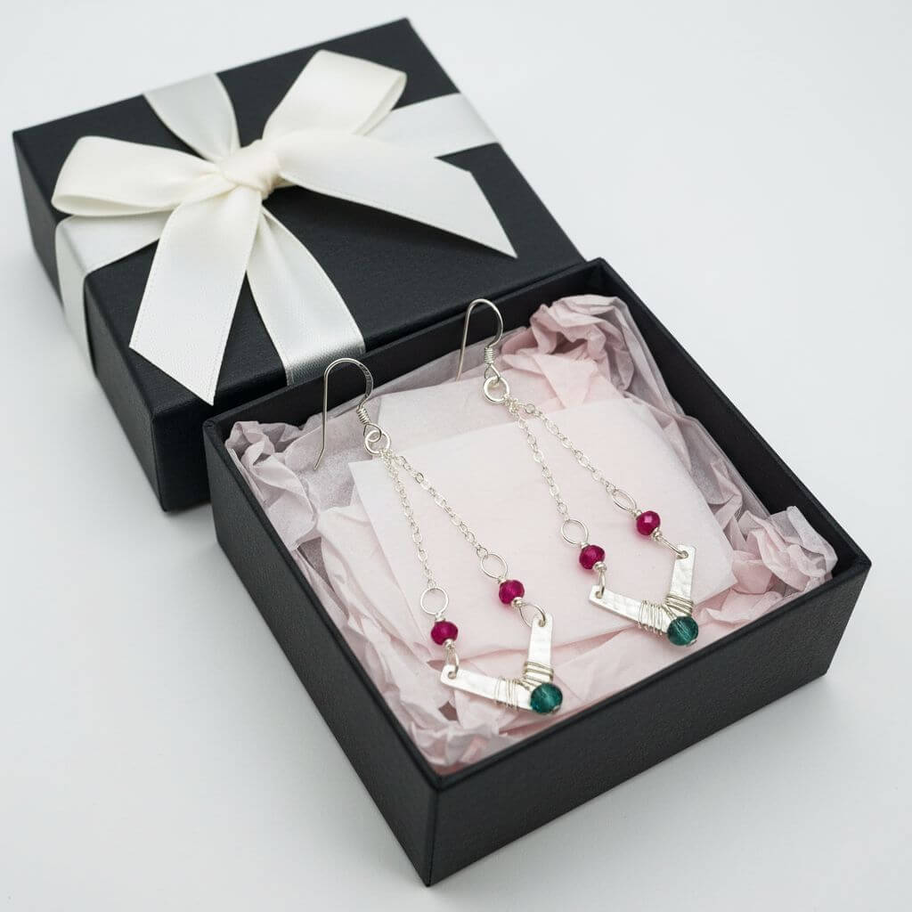 Sterling Silver Chevron Hot Pink Green Gemstone Earrings