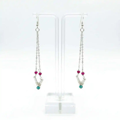 Sterling Silver Chevron Hot Pink Green Gemstone Earrings
