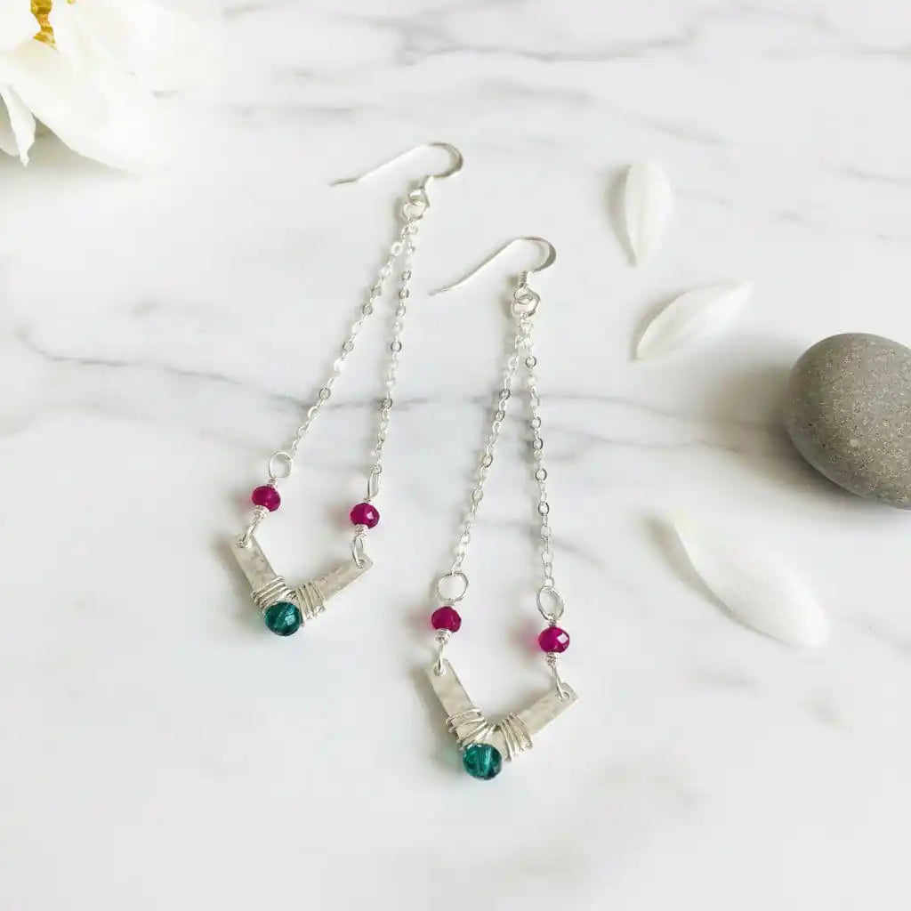 Sterling Silver Chevron Hot Pink Green Gemstone Earrings