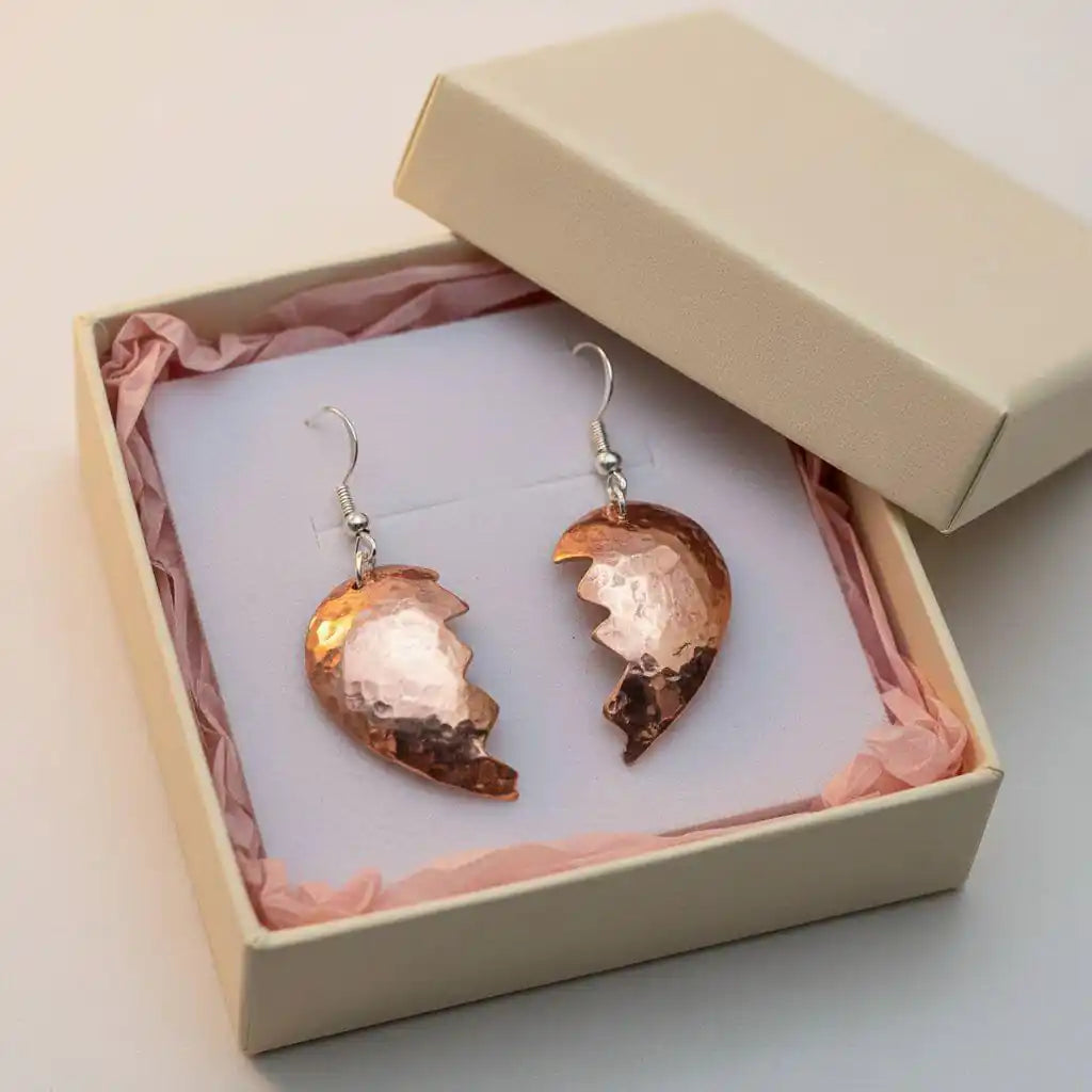 Handmade Sculpted Copper Broken Heart Earrings