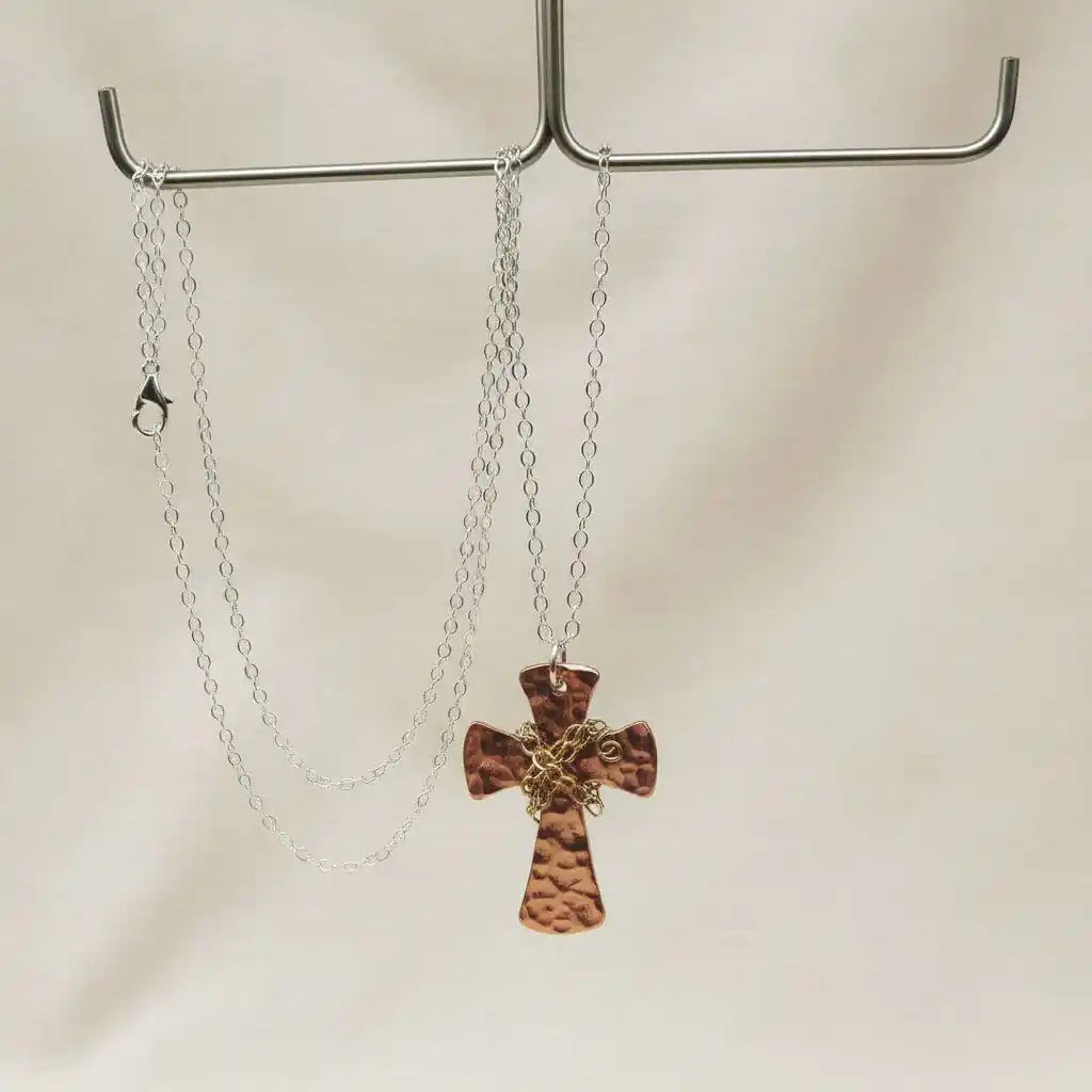 Chained Hammered Copper Cross Necklace for Him or Her