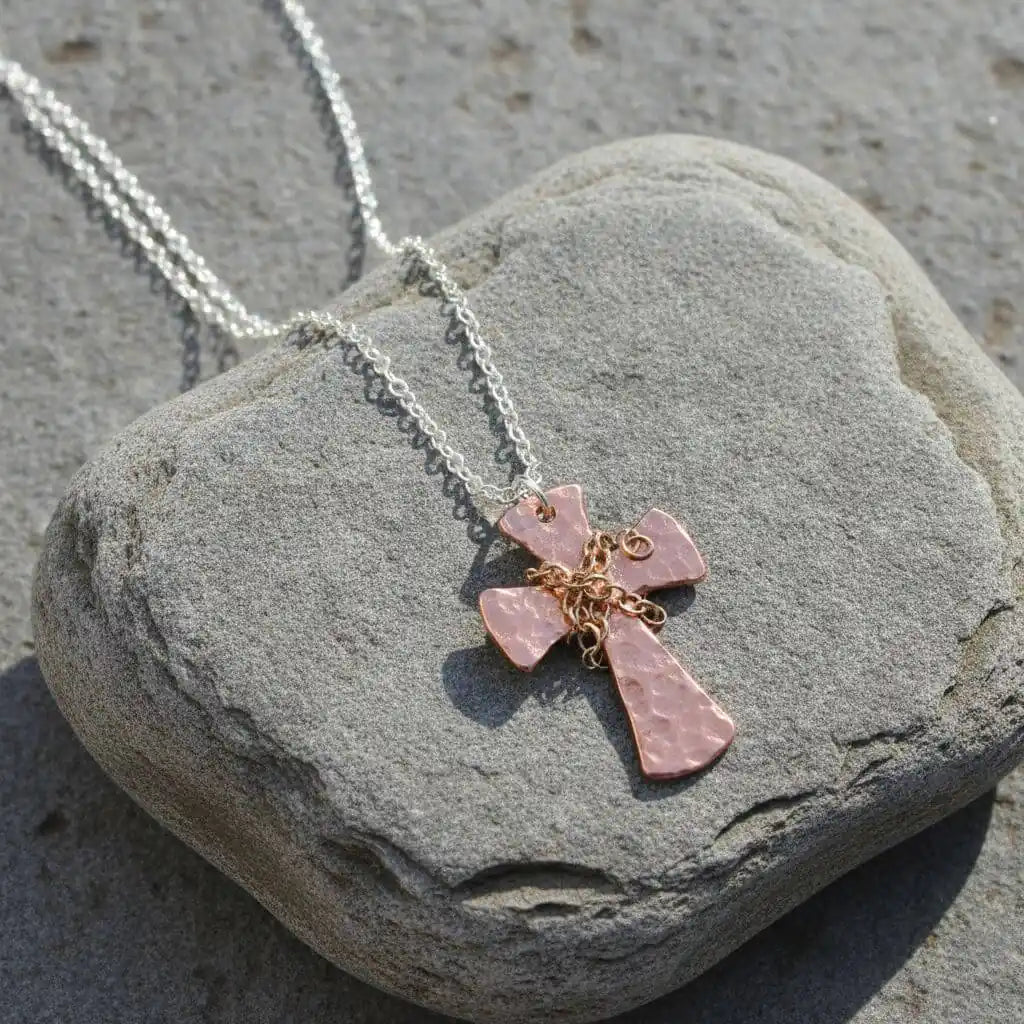Chained Hammered Copper Cross Necklace for Him or Her