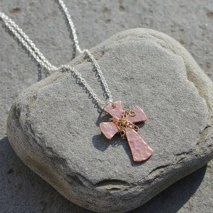 Chained Hammered Copper Cross Necklace for Him or Her