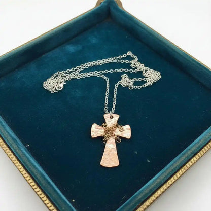 Chained Hammered Copper Cross Necklace for Him or Her