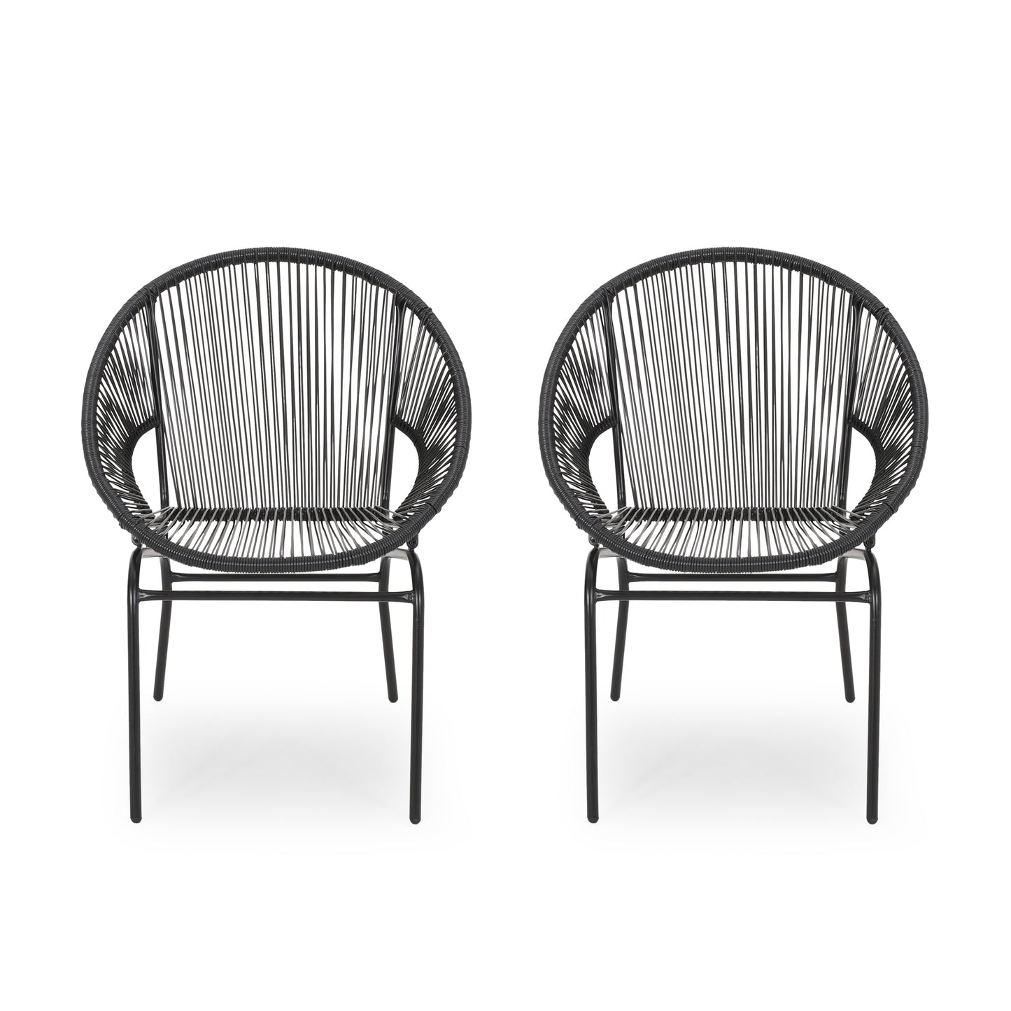 Outdoor Faux Rattan/Iron Metal Club Chair, Set of 2, Black