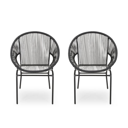 Outdoor Faux Rattan/Iron Metal Club Chair, Set of 2, Black