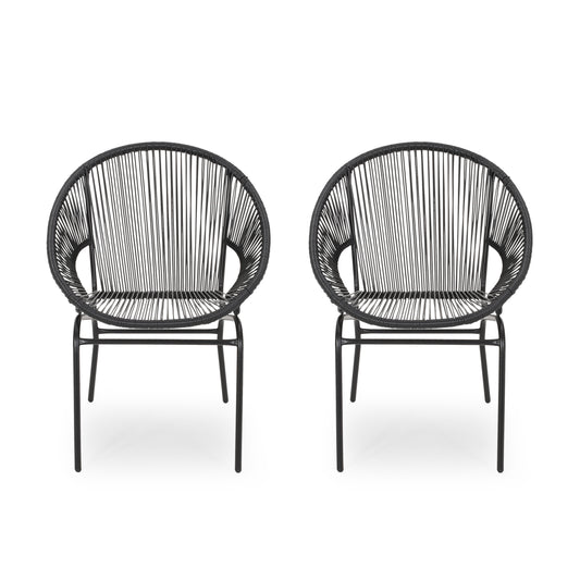 Outdoor Faux Rattan/Iron Metal Club Chair, Set of 2, Black