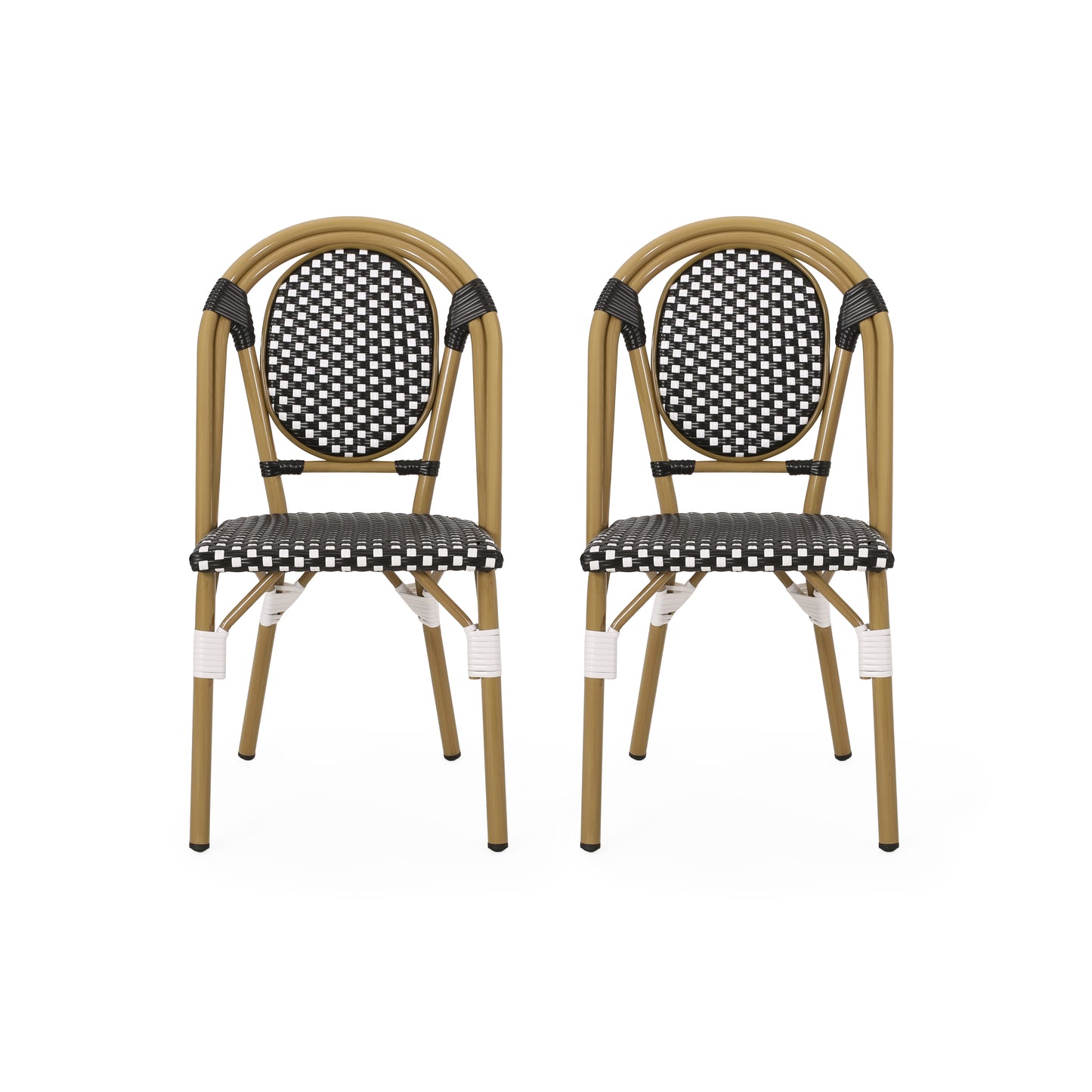Outdoor PE Rattan and Aluminum French Bistro Chair Set, Black & White, Bamboo Print Finish