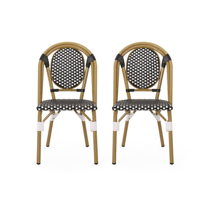Outdoor PE Rattan and Aluminum French Bistro Chair Set, Black & White, Bamboo Print Finish