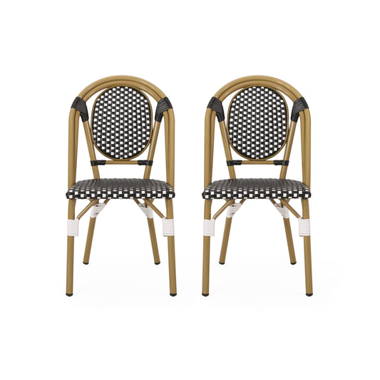 Outdoor PE Rattan and Aluminum French Bistro Chair Set, Black & White, Bamboo Print Finish