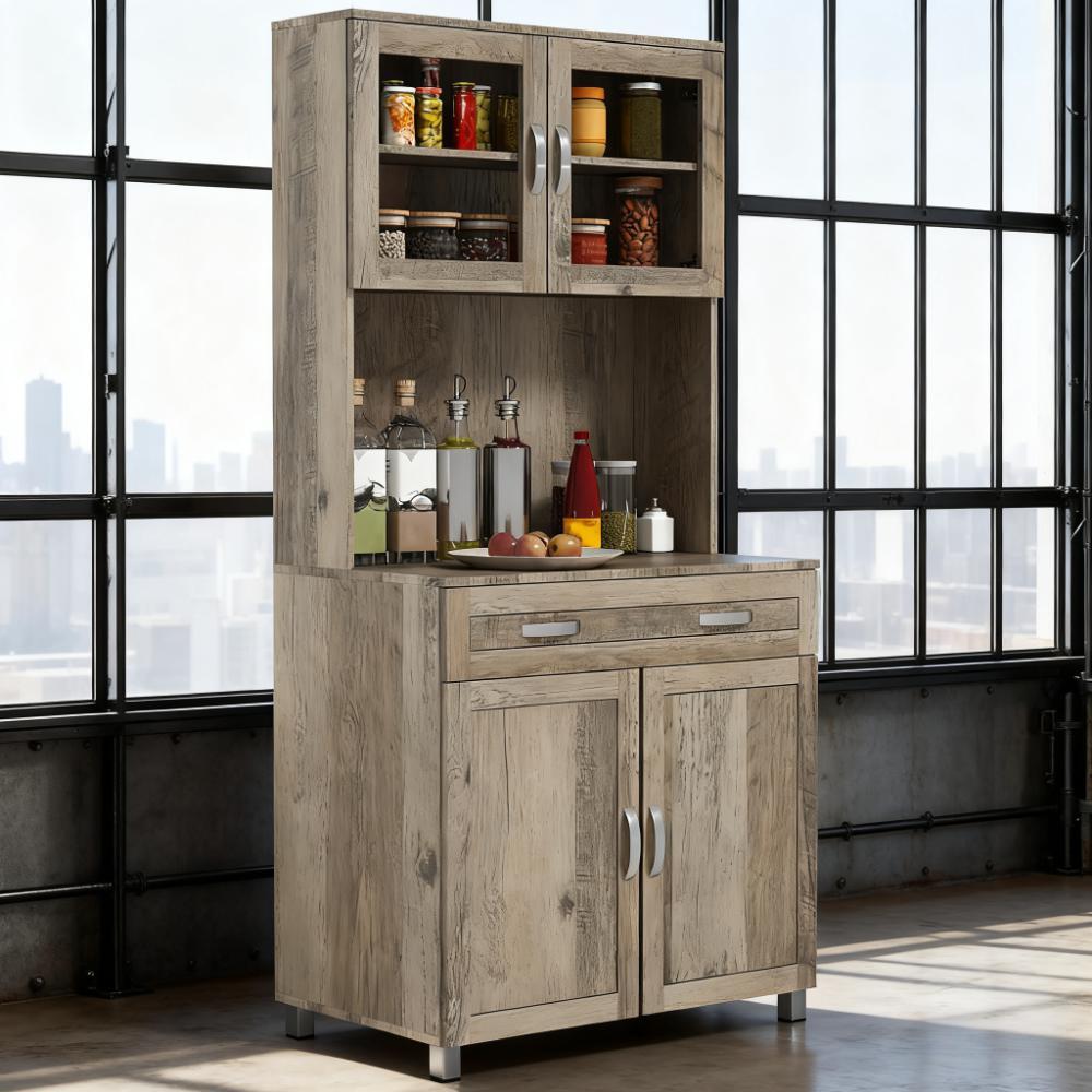 Modern Kitchen Pantry, Freestanding Cabinet Kitchen buffet with hutch with Glass Doors