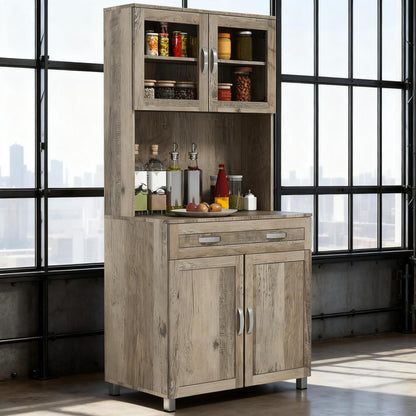 Modern Kitchen Pantry, Freestanding Cabinet Kitchen buffet with hutch with Glass Doors