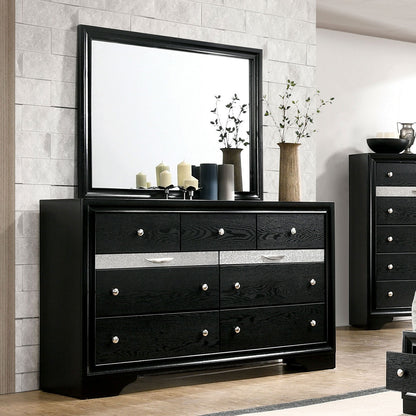 Black Color Dresser w Mirror Set Hidden Jewelry Drawer English Dovetail Silver Accents Round Knobs Bedroom Furniture