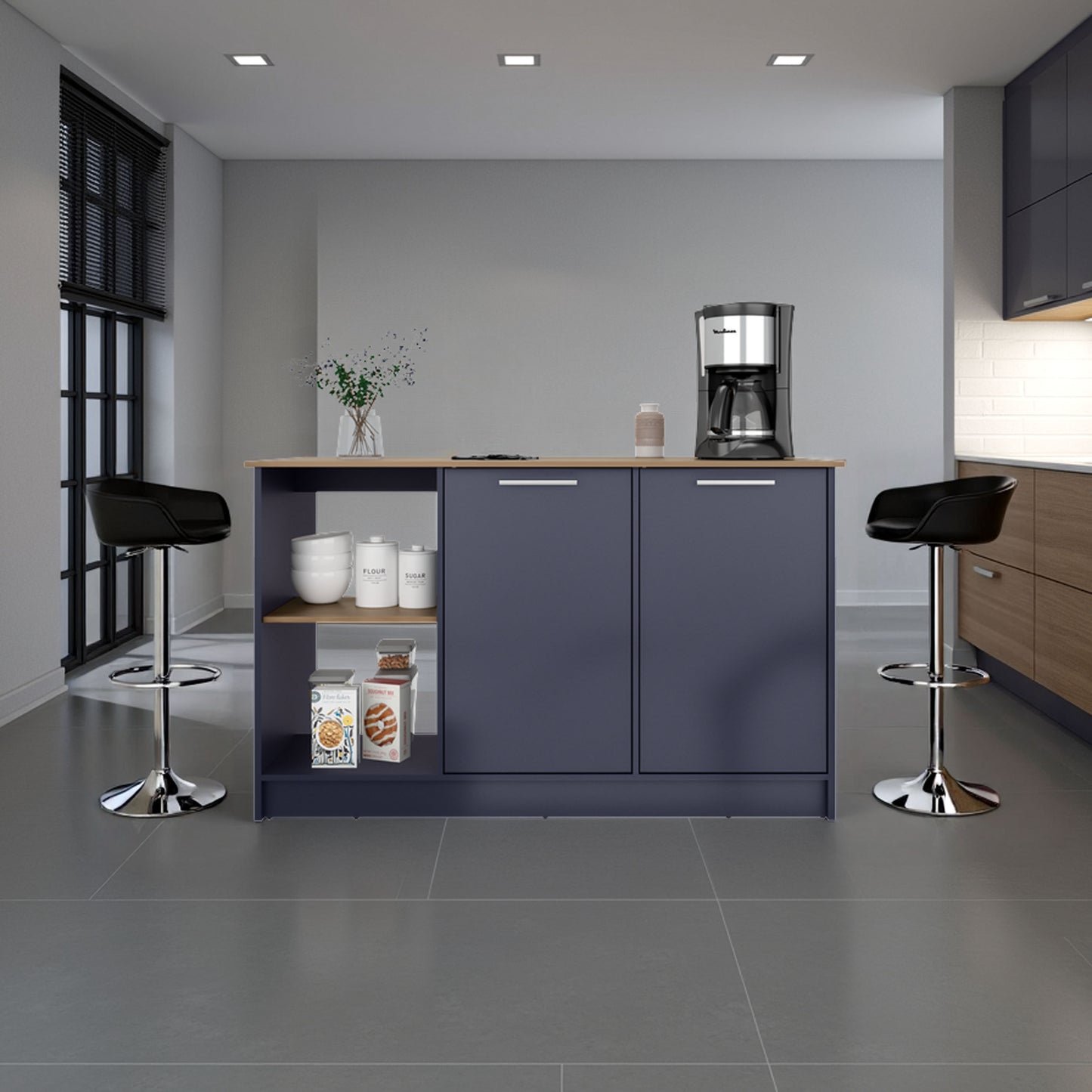 Demon Kitchen Island with Storage Cabinet and Open Shelves