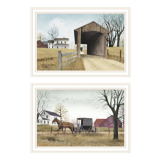 Trendy Decor 4U 2- Piece Vignette Miller's Creek Bridge, Going to Market White Framed Wall Art for Living Room, Bedroom Wall Art Print for Home Decor by Billy Jacobs