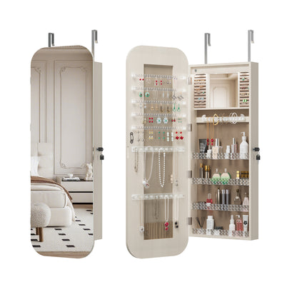 Jewelry Cabinet Armoire with Full Length Mirror, Door or Wall Mounted, Jewelry Armoire Organizer, Lockable Storage Cabinet, Interior Lighted Mirror, Irregular-Shaped Design,