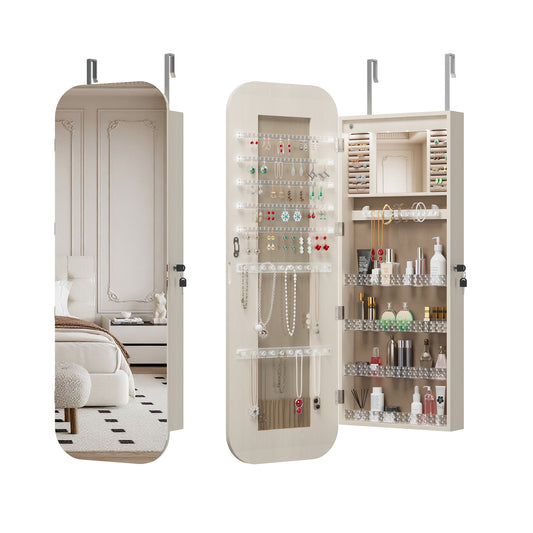 Jewelry Cabinet Armoire with Full Length Mirror, Door or Wall Mounted, Jewelry Armoire Organizer, Lockable Storage Cabinet, Interior Lighted Mirror, Irregular-Shaped Design,