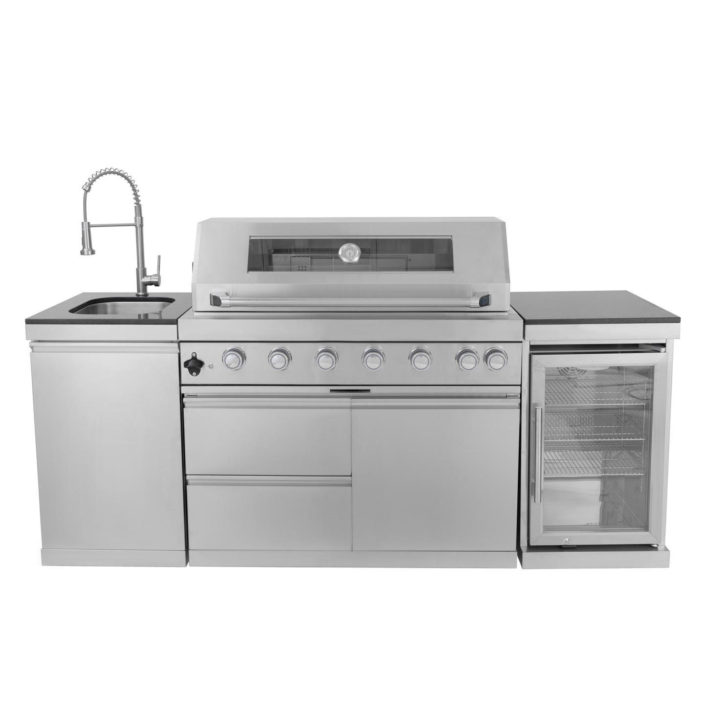 44-Inch 6-Burner 85,000 BTU Deluxe Stainless Steel Gas Outdoor Kitchen Island Grill with Wine Cooler Refrigerator, Rotisserie, Granite Countertops, Storage Cabinets & Drawers
