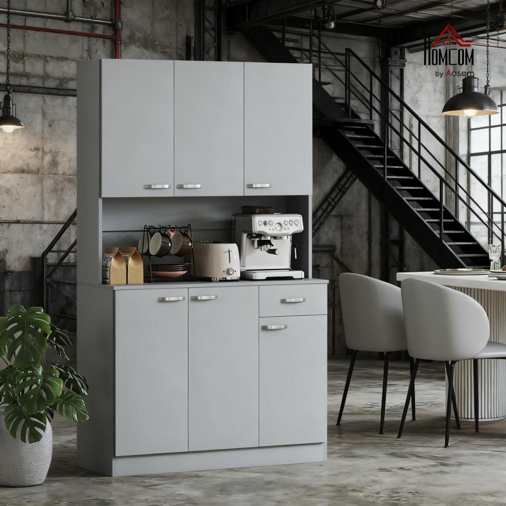 Gray  Kitchen Pantry Tall Storage Cabinet with Microwave Stan  Kitchen Pantry Cabinet