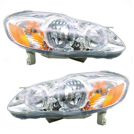 Headlights Assembly Fit for 2003 2004 2005 2006 2007 2008 Toyota Corolla, Pair Chrome Housing Amber Reflector Left Driver and Right Passenger