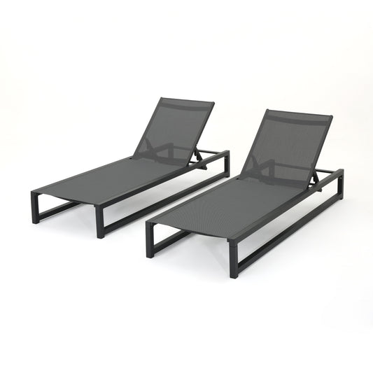 Chaise Lounge Set of 2, Outdoor Patio Lounge Chairs with 5 Reclining Positions, Black Frame and Grey Mesh