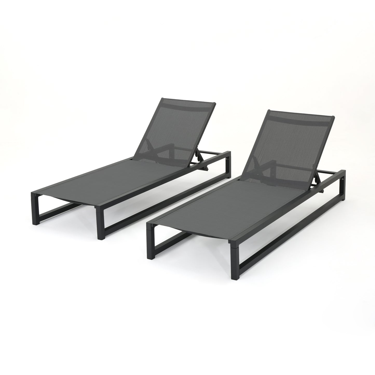 Chaise Lounge Set of 2, Outdoor Patio Lounge Chairs with 5 Reclining Positions, Black Frame and Grey Mesh