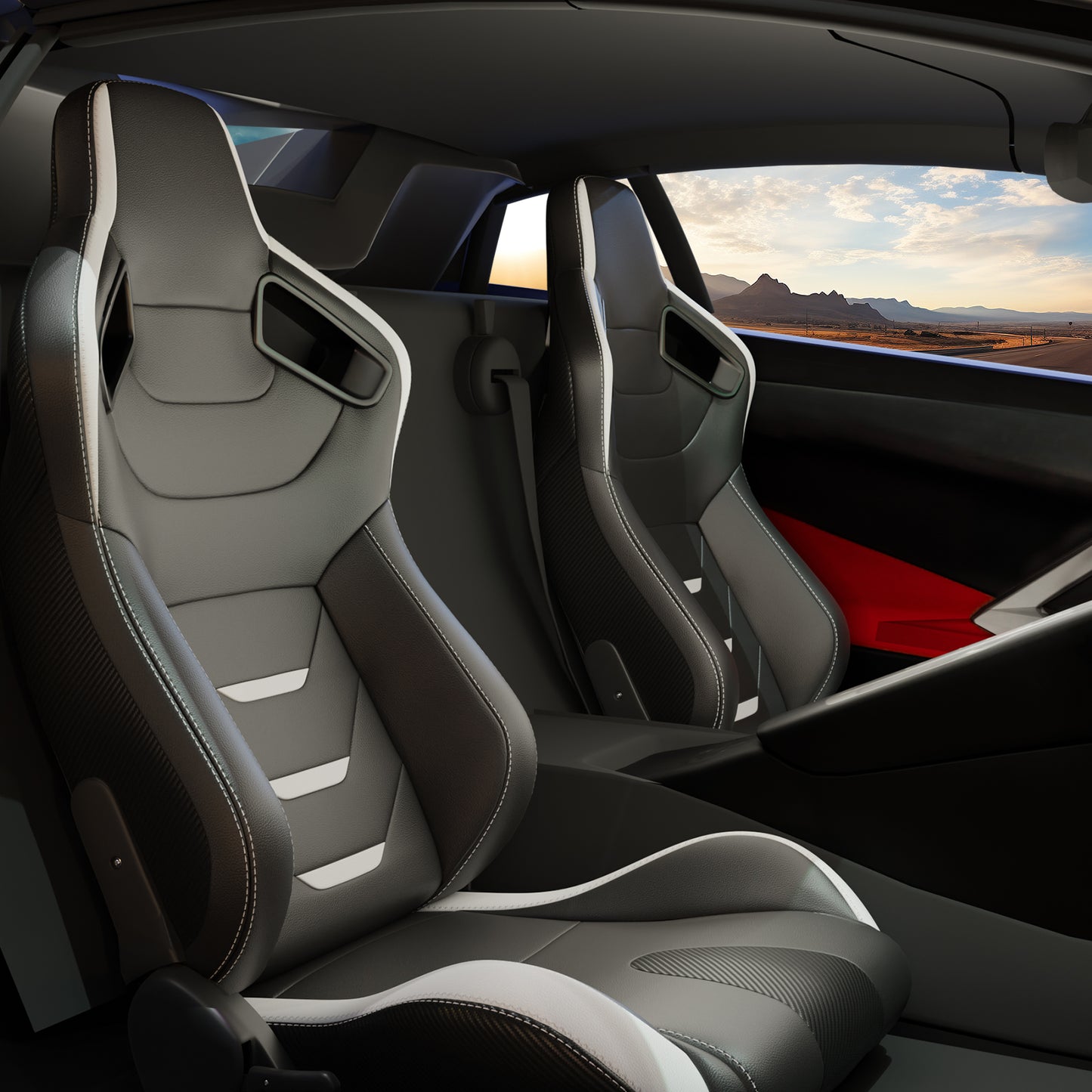 2PC Universal Bucket Racing Seats White Stitch White PVC Leather Reclinable Carbon Look Leather Back With Adjustor Slider(Not Including Seat Bracket ) 1 box of 2 pieces