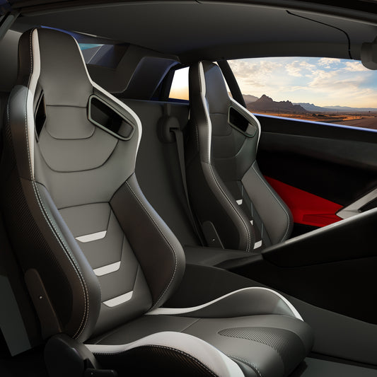 2PC Universal Bucket Racing Seats White Stitch White PVC Leather Reclinable Carbon Look Leather Back With Adjustor Slider(Not Including Seat Bracket ) 1 box of 2 pieces