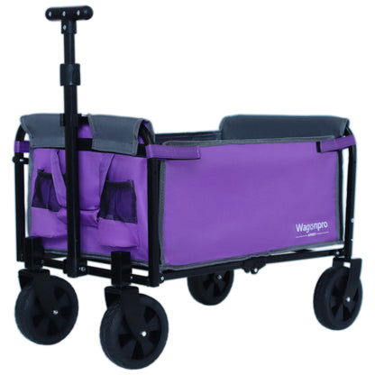 All-in-One Convertible Folding Camping Wagon Cart: Bench Seat, Storage Compartment & Included Dog Tether, Purple/Gray