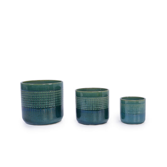 Set of 3 Grid Ceramic Flowerpot, Modern Planter for Patio, Garden, Windowsill - Blue Green