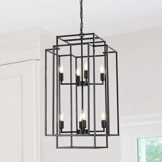 (Same as W1340142527/L1018-B) 18' Modern 8-Light Black Geometric Pendant Chandelier, Industrial Metal Frame, Adjustable Hanging Light for Living Room, Dining Room, Kitchen (No Bulbs)