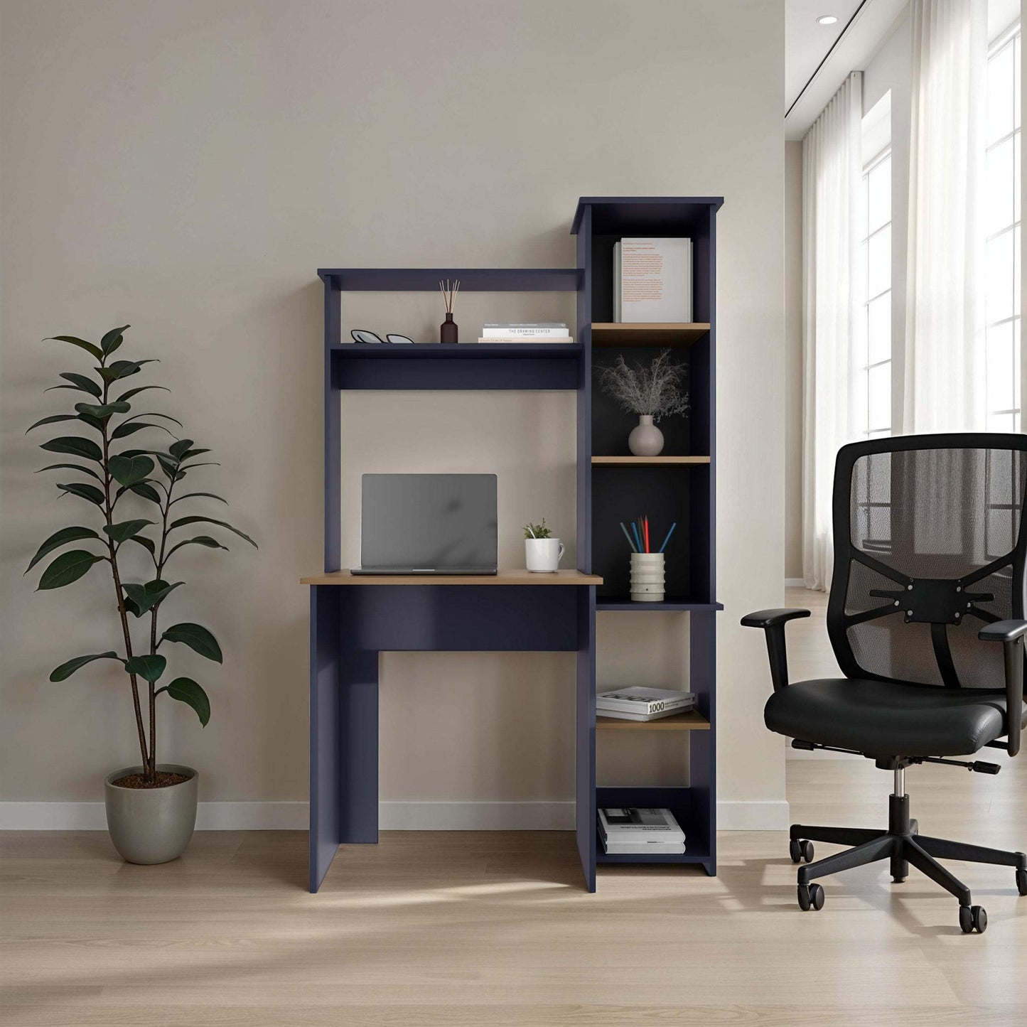 Navy Blue and Natural Oak Computer Desk with Hutch and Side Bookshelf