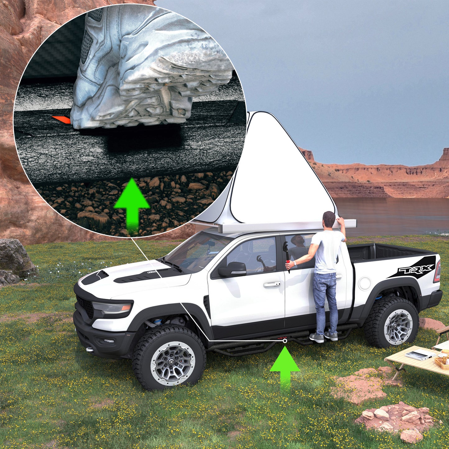 Compatible with 2009-2018 Dodge Ram 1500, 2019-2024 1500 Classic, 2010-2024 Ram 2500 and 3500 Crew Cab Running Boards Compatible, Heavy-Duty Steel Dual Stair Designs