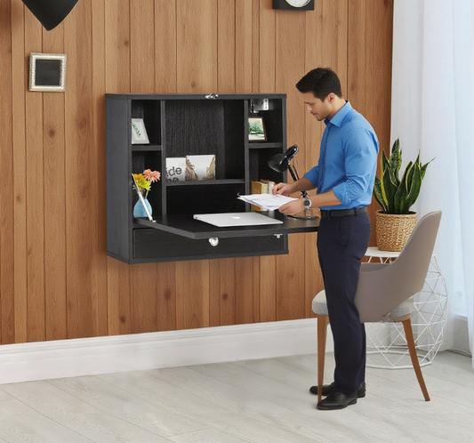 Wall Mounted Desk with Storage Shelves, Floating Desk