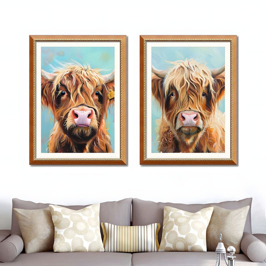 Set of 2 Highland Cow Framed Wall Art – Replaceable Canvas Prints with Solid Wood Picture Frames, Farmhouse Animal Wall Decor for Living Room and Bedroom 24x32 inches
